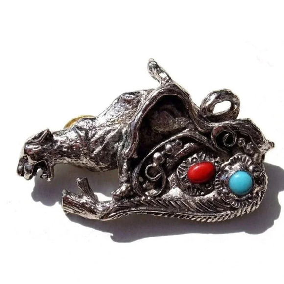 Vintage Jewelry - Vtg 1970's NAVAJO Turquoise CHEETAH Cougar Running Hat Pin Button Pinback